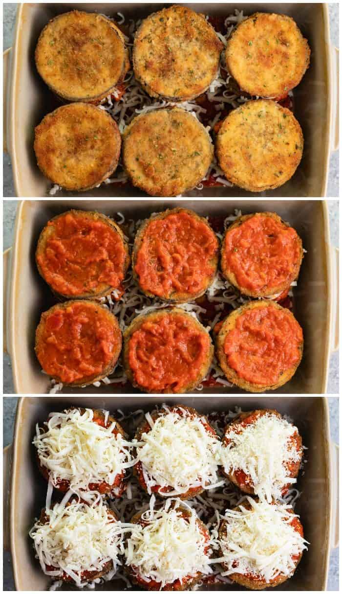 Overhead image showing how to layer ingredients for eggplant Parmesan in casserole dish.