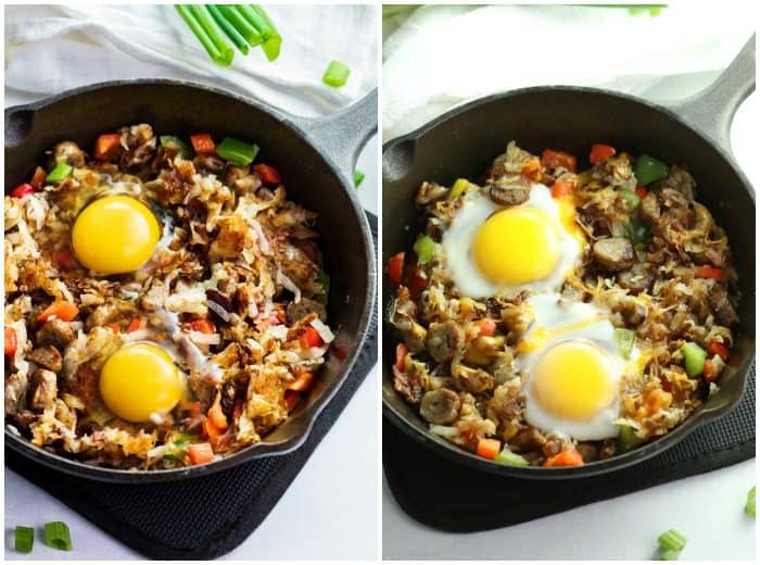 A side-by-side shot of uncooked eggs in a cast iron skillet with hash, and then the after shot of the cooked eggs.