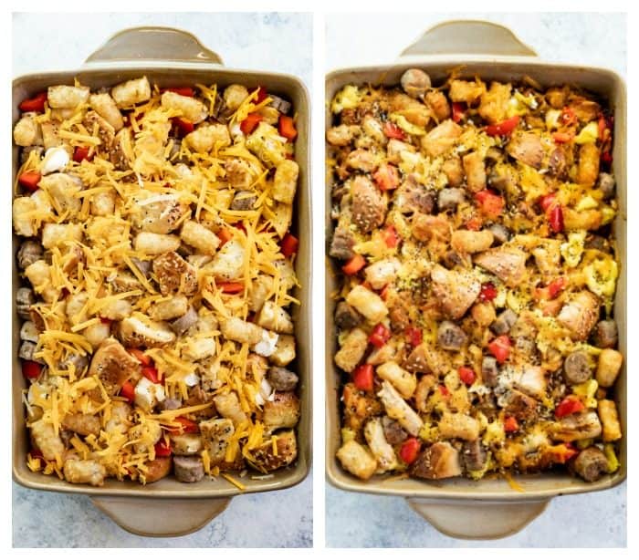 breakfast casserole before and after being baked