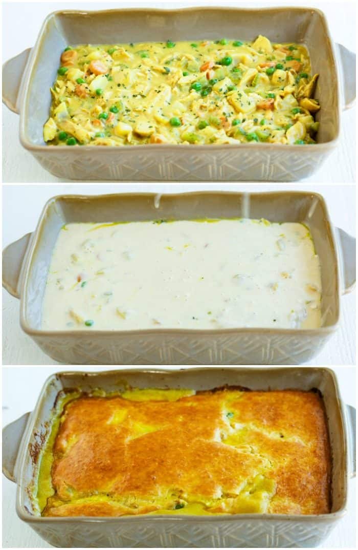 collage of a casserole dish with chicken pot pie casserole being prepared.