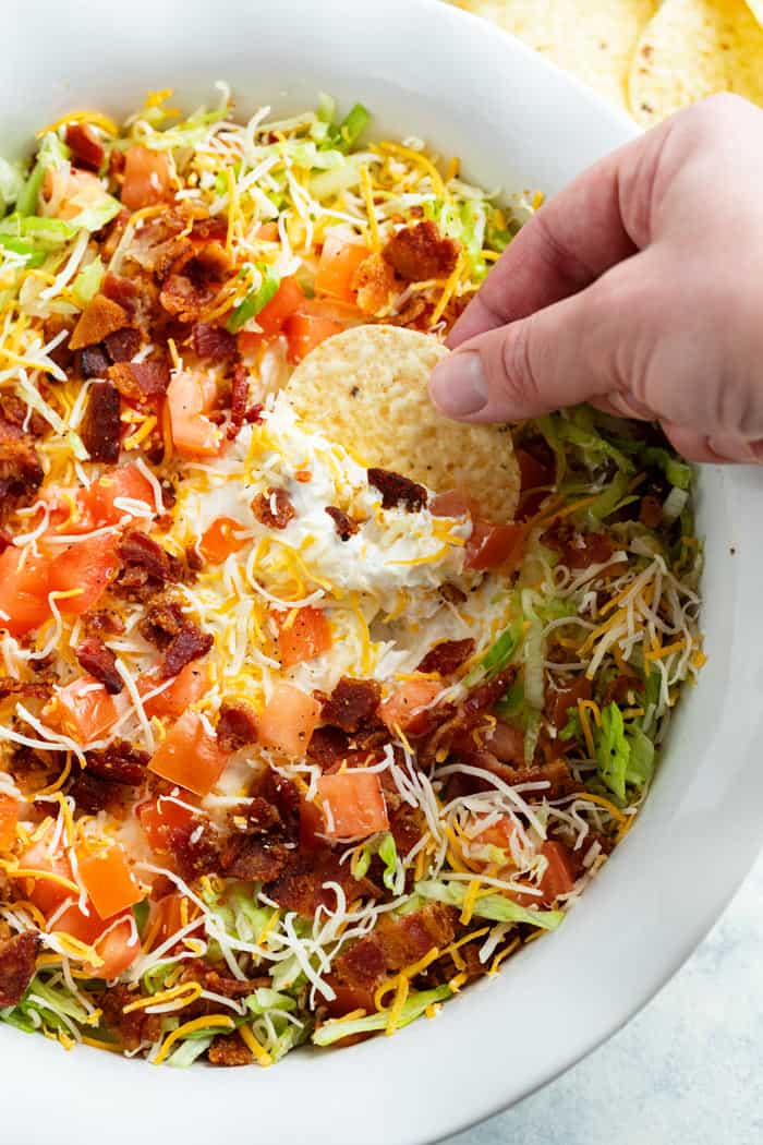 This BLT Dip is an easy appetizer idea that is served cold with chips, bread, or vegetables! It starts with a sour cream/cream cheese mixture with Ranch seasoning topped with bacon, lettuce, tomatoes, and cheese!