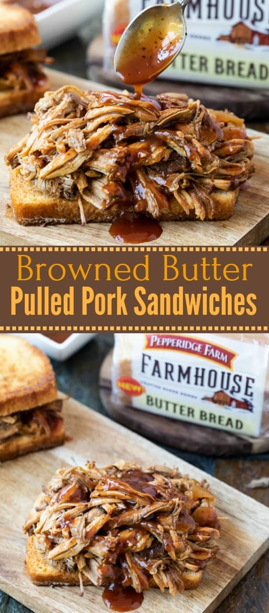 This Crock Pot pulled pork simmers with a perfect blend of ingredients until it falls apart by the touch of a fork! It's then served with thick slices of grilled browned butter bread. | The Cozy Cook | #pulledpork #pork #crockpot #slowcooker #sandwiches #meat