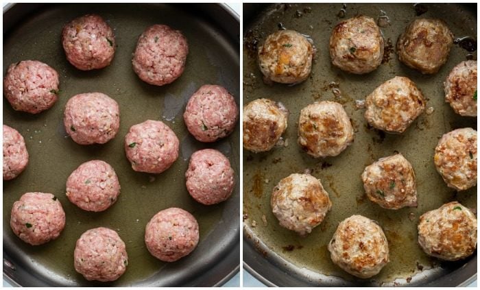 Side by side images of meatballs in a skillet before and after being browned.