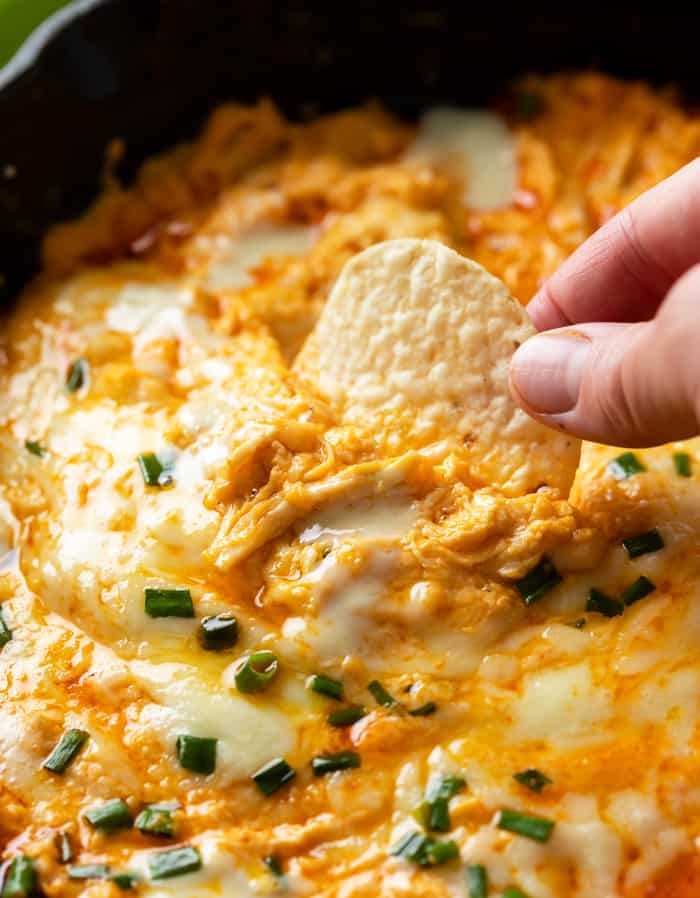 A hand dipping a Tortilla Chip into Buffalo Chicken Dip topped with cheese and chives.
