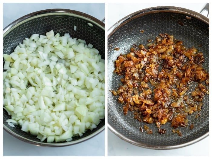 Before and after process shots for caramelizing onions to make spinach pie.