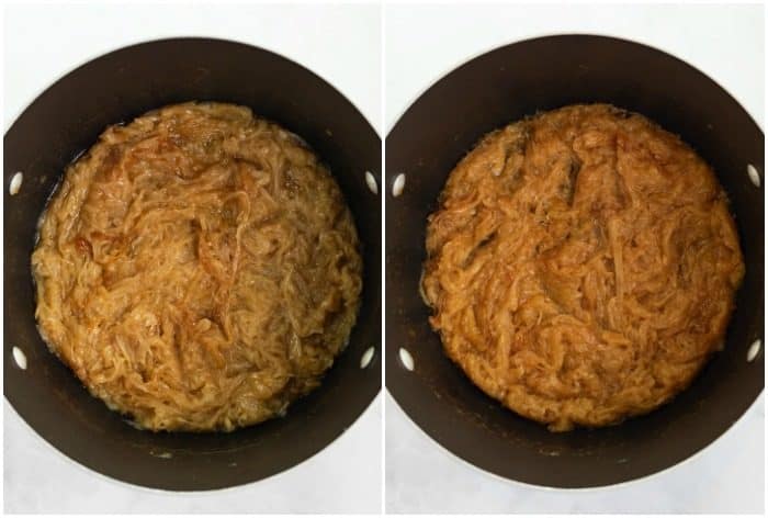 Step by step photos of how to caramelize onions, this is the end of process where they are caramelized and brown.