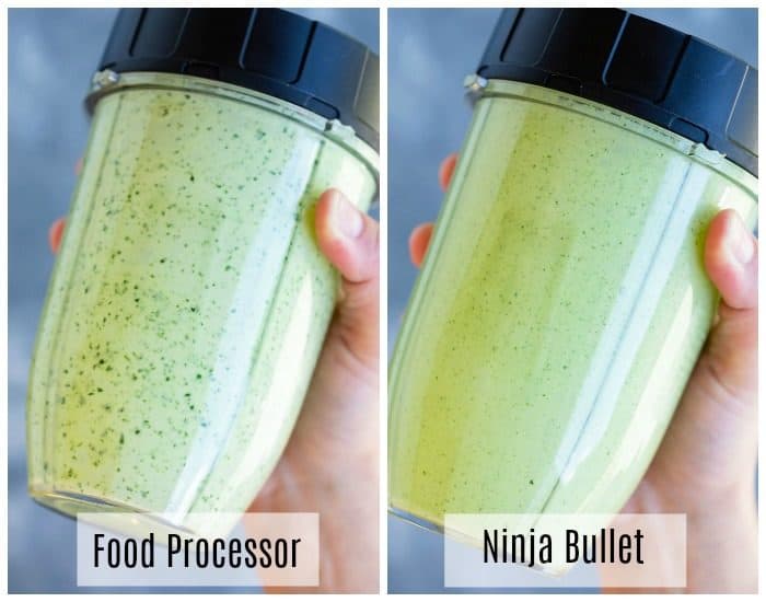 a bottle of cilantro lime dressing after being mixed in the food processor and after being mixed in a ninja bullet.