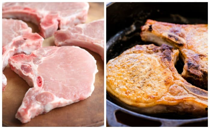 A raw bone-in pork chop next to a cooked pork chop in a skillet.