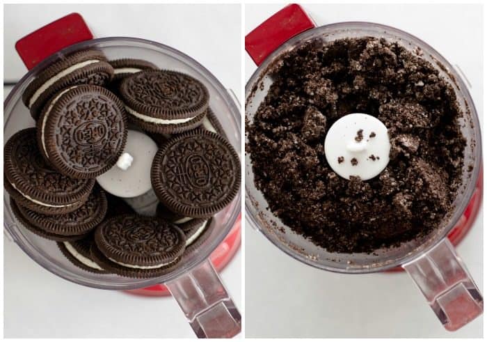 Oreo cookies in a food processor before and after being crushed.