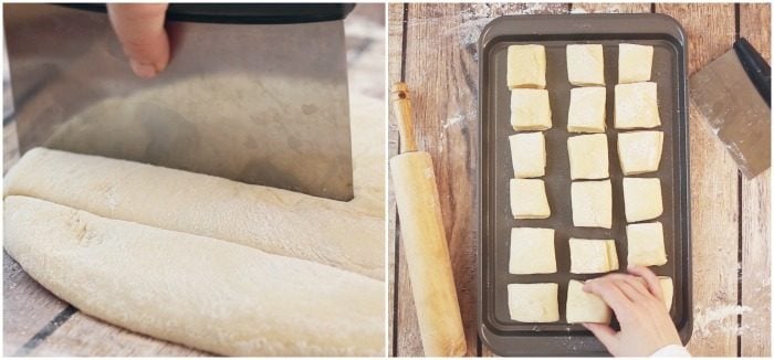 Side by side images of cutting roll dough and placing rolls on baking sheet
