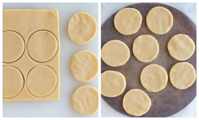 overhead shot of cutting out shortbread cookies and placing them on baking sheet
