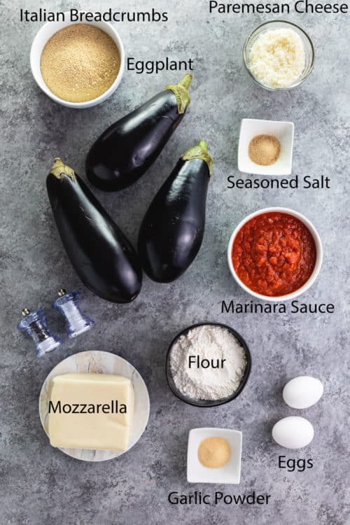 overhead shot of ingredients for eggplant parmesan.