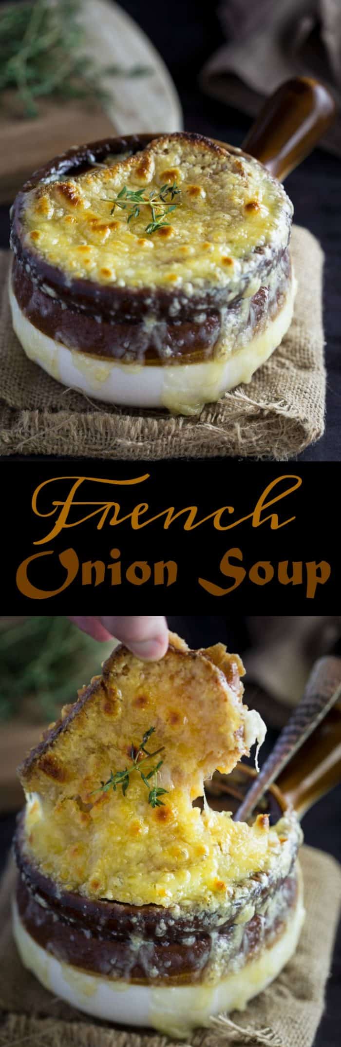 This classic French Onion Soup has a rich, silky broth made from thinly sliced onions, butter, white wine, beef broth, fresh thyme and bay leaves. All topped with a toasted baguette and hot, bubbly Gruyere cheese. | The Cozy Cook | #soup #frenchonionsoup #onions #recipe #easyrecipes #winterrecipes #gruyere