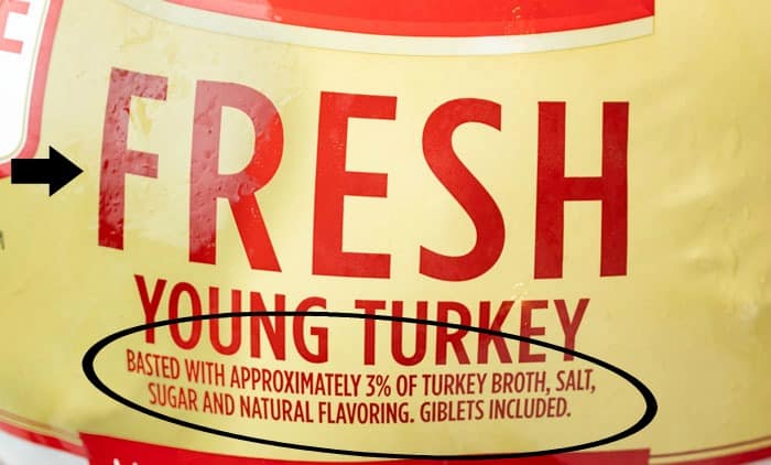 The label of a fresh turkey showing that it was basted with 3% of salt solution.