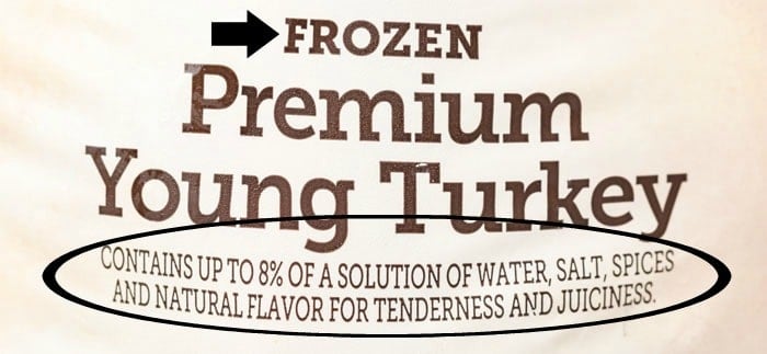 The label of a frozen turkey showing that it was injected with 8% of a salt solution.