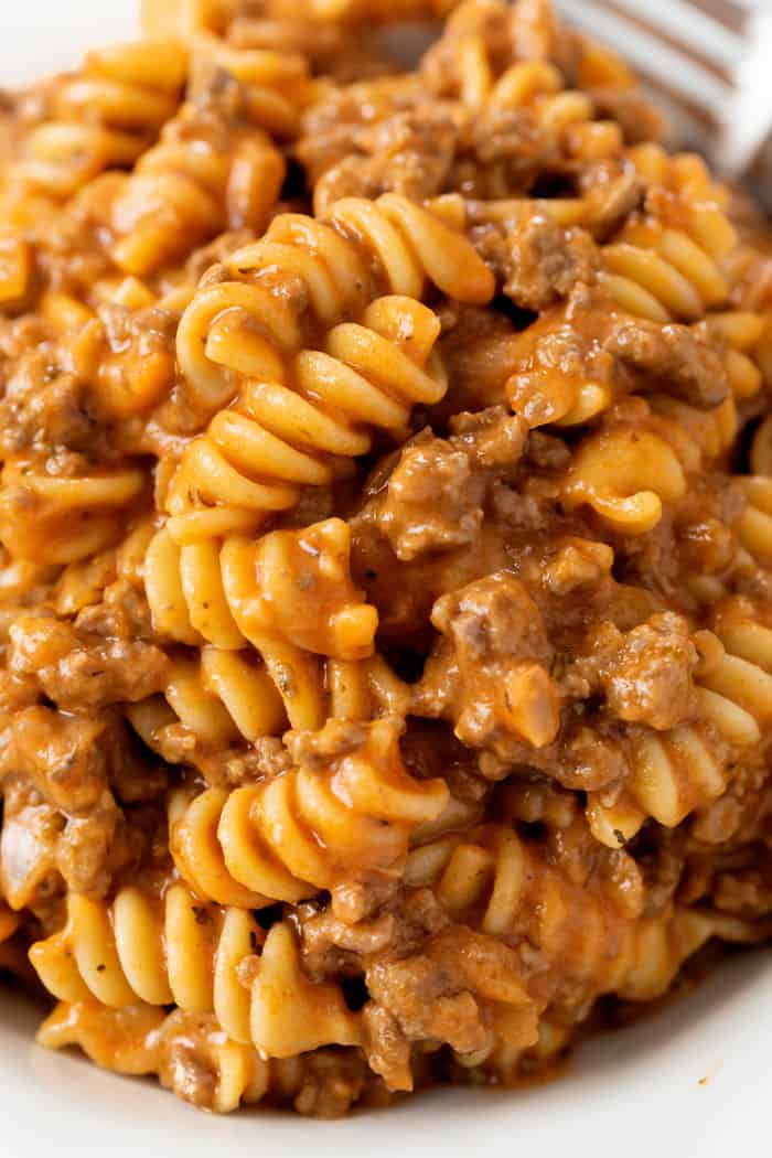 A close up view of Beef Pasta on a plate with creamy Rotini noodles.
