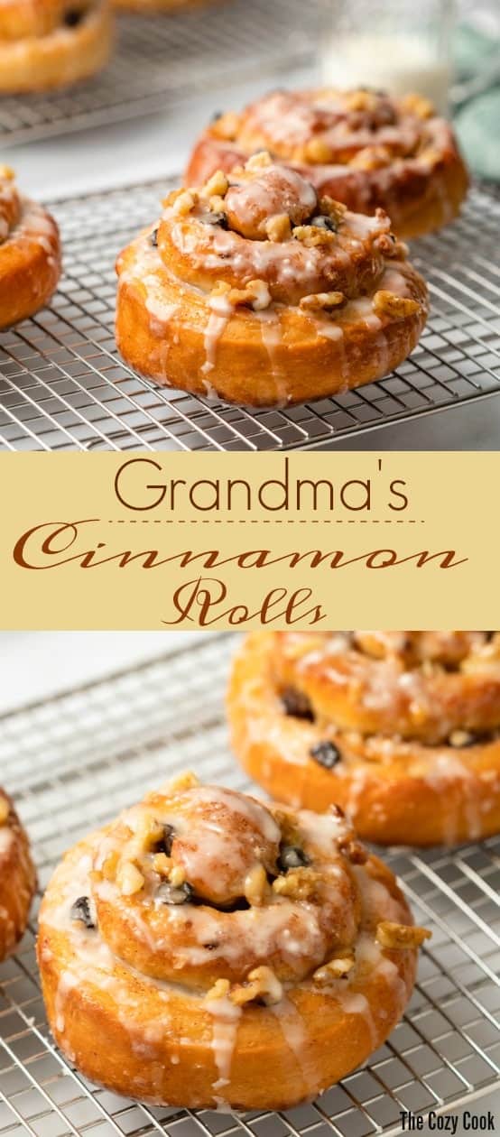 This homemade cinnamon roll recipe has been passed down for generations in my family. The soft, airy dough is rolled in a cinnamon sugar mixture, tossed with raisins and nuts, and drizzled with icing. | The Cozy Cook | #rolls #cinnamon #bread #rolls #brunch #breakfast #cinnamonrolls