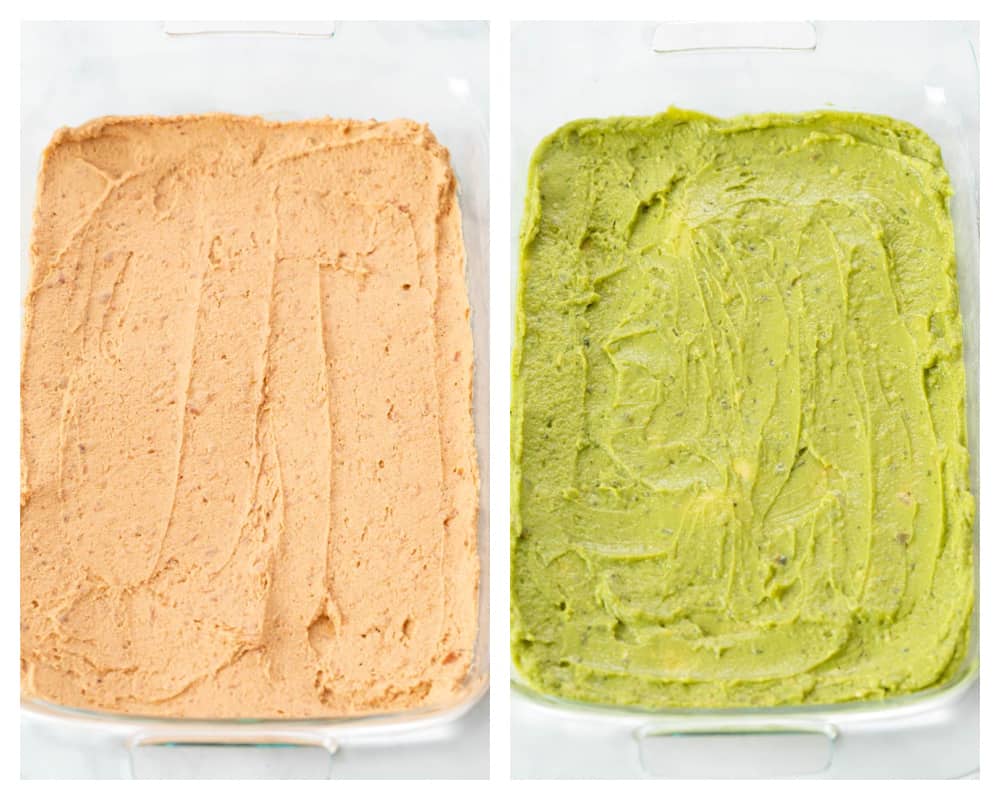 Layers of refried beans and guacamole for 7 layer dip.