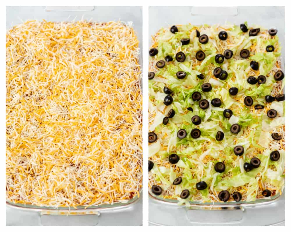 Layers of shredded cheese in a casserole dish topped with shredded lettuce and black olives for 7 layer dip.