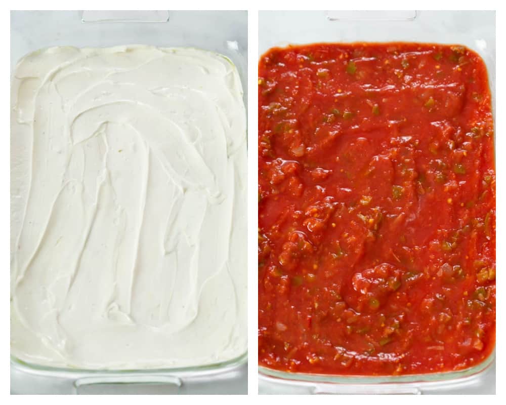 Layers of sour cream and salsa for 7 layer dip.