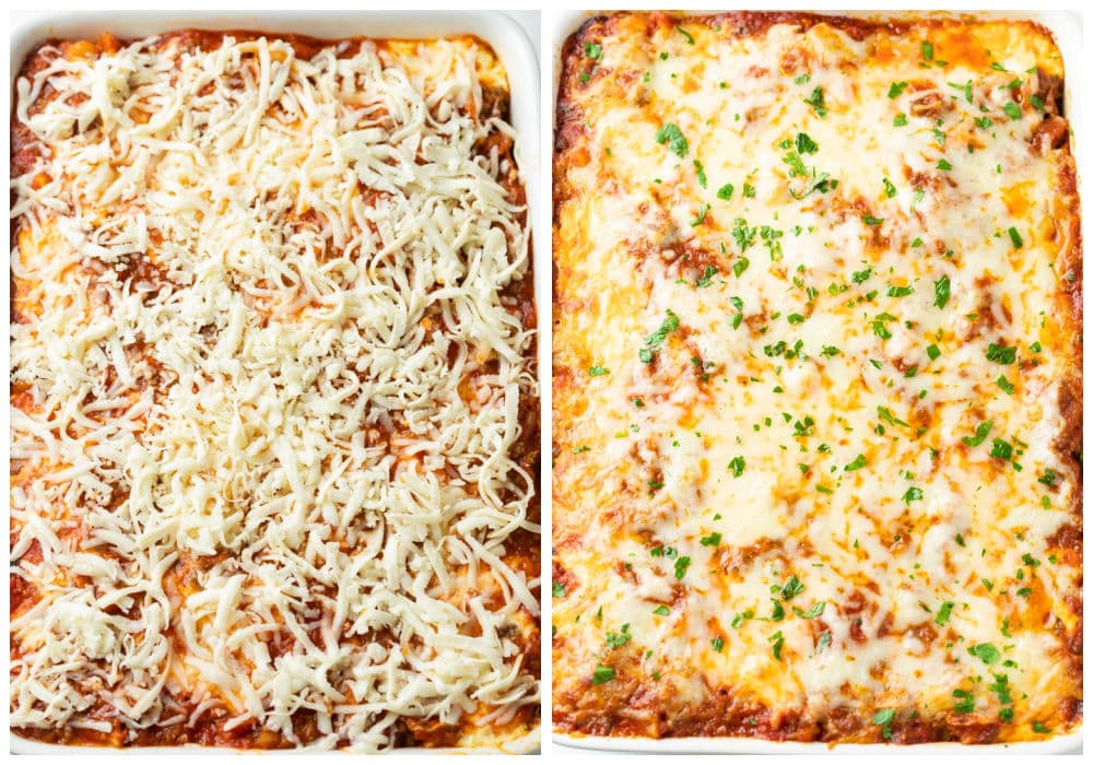 A Pasta Bake in a casserole dish with mozzarella cheese before and after baking.