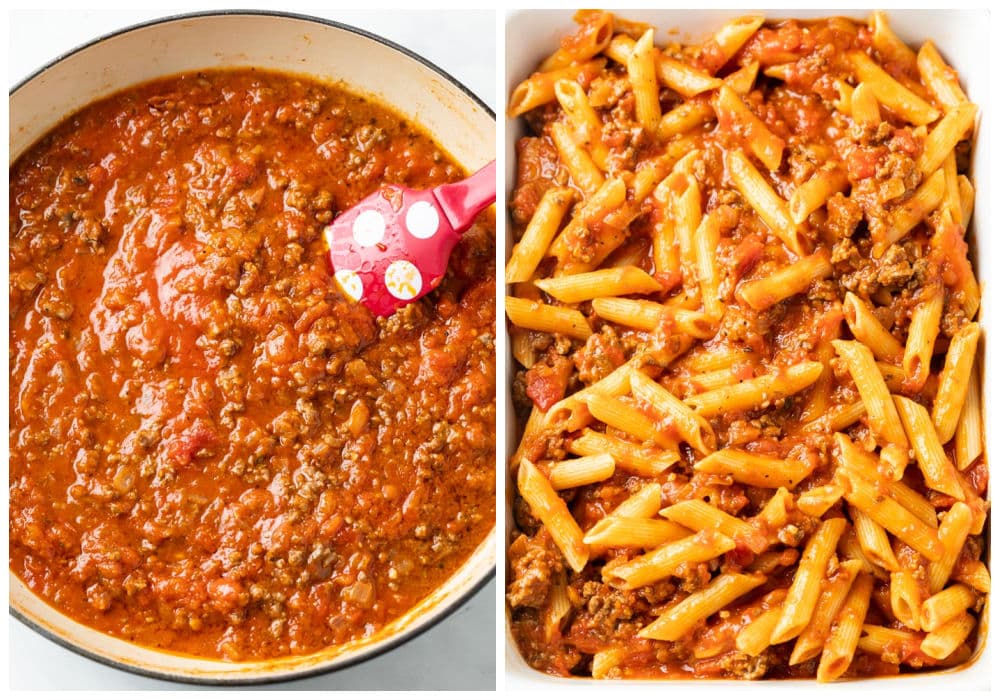 A saucepan with meat sauce next to a casserole dish with Pasta in meat sauce.