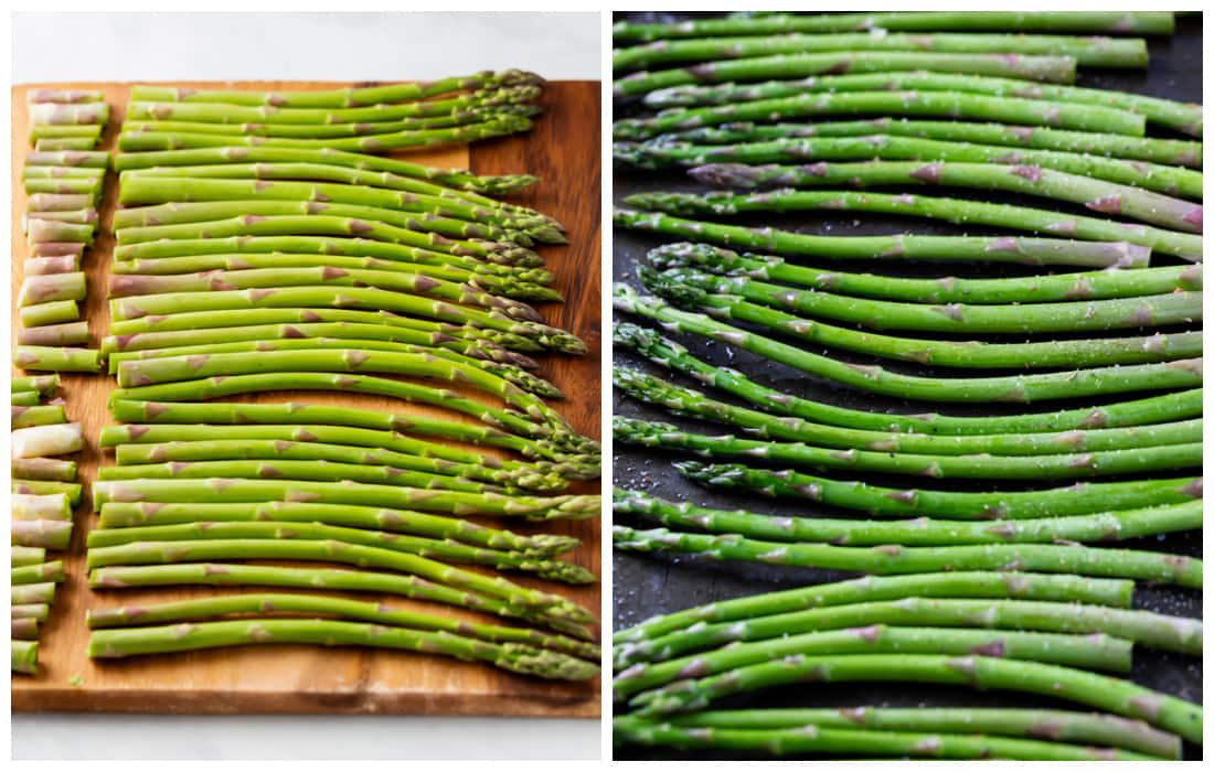 A cutting board with asparagus next to a baking sheet with asparagus before being roasted.