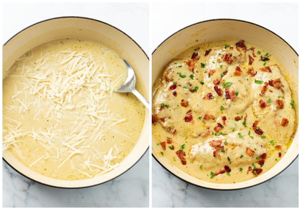Creamy sauce in a skillet with chicken being added and crispy bacon on top.
