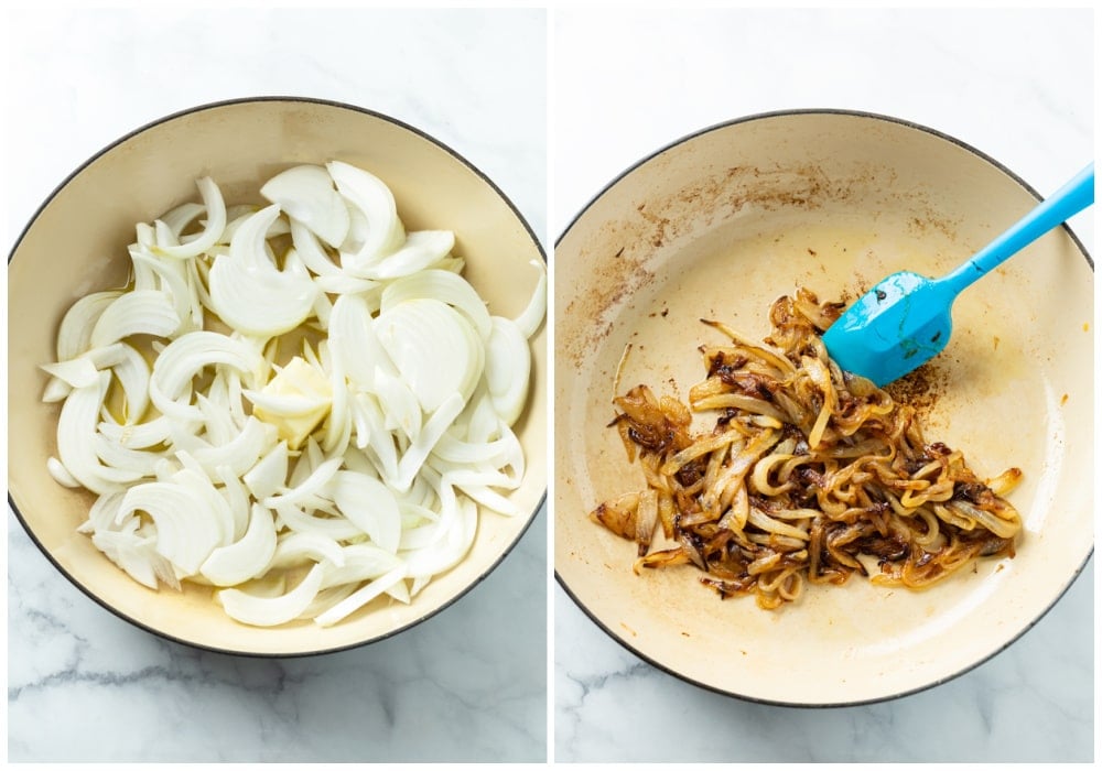 Sliced onions in a skillet before and after caramelizing.