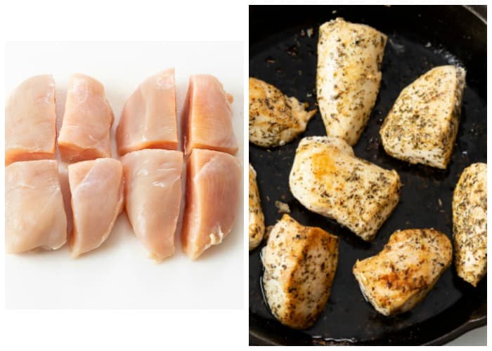 Sliced chicken breast before and after being seasoned and cooked.