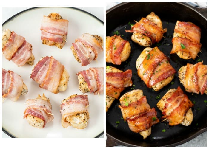 Bacon wrapped chicken before and after cooking.