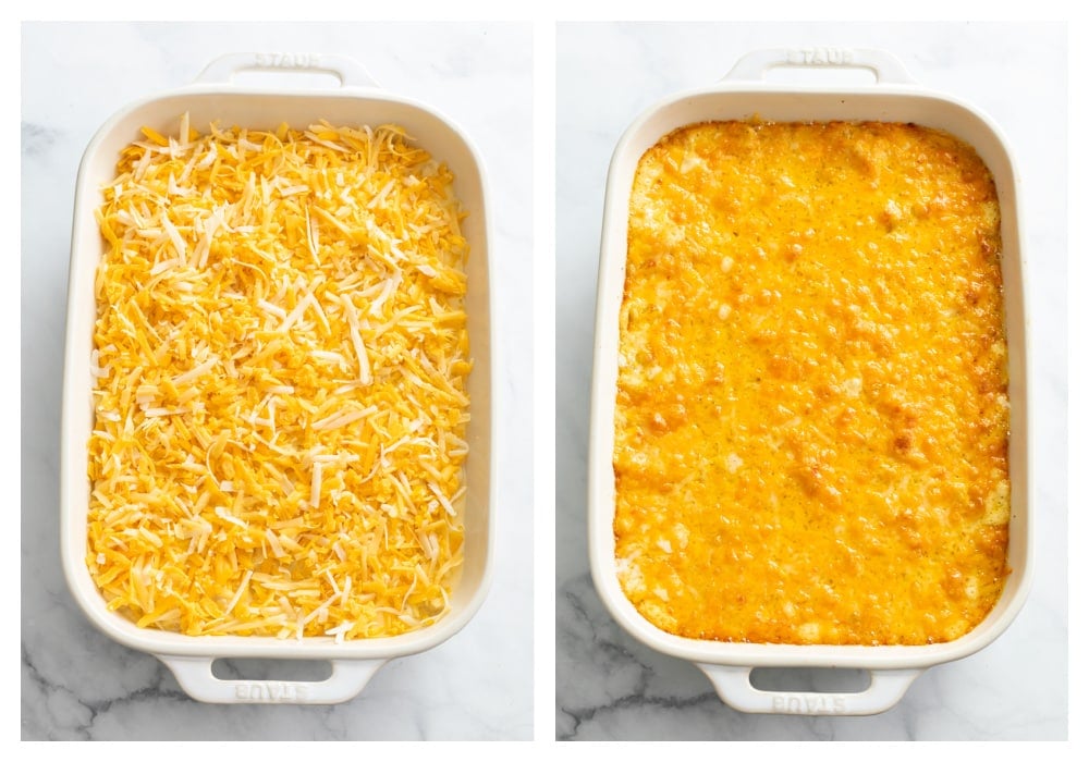 Baked Mac and Cheese in a casserole dish before and after baking.