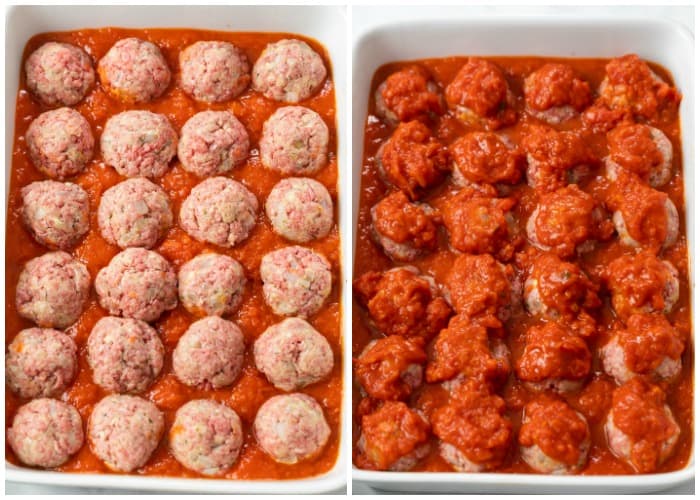 A white casserole dish with uncooked meatballs topped with marinara sauce.