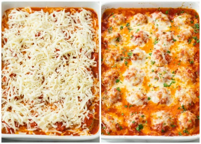 A casserole dish with baked meatballs topped with cheese before and after being baked.