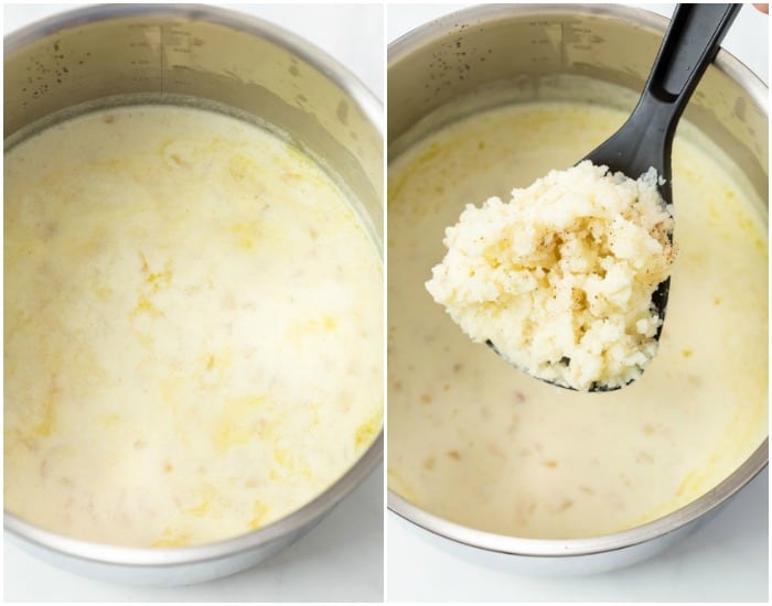 A soup pot with creamy broth for baked potato soup next to a pot with mashed potatoes being added to the broth.
