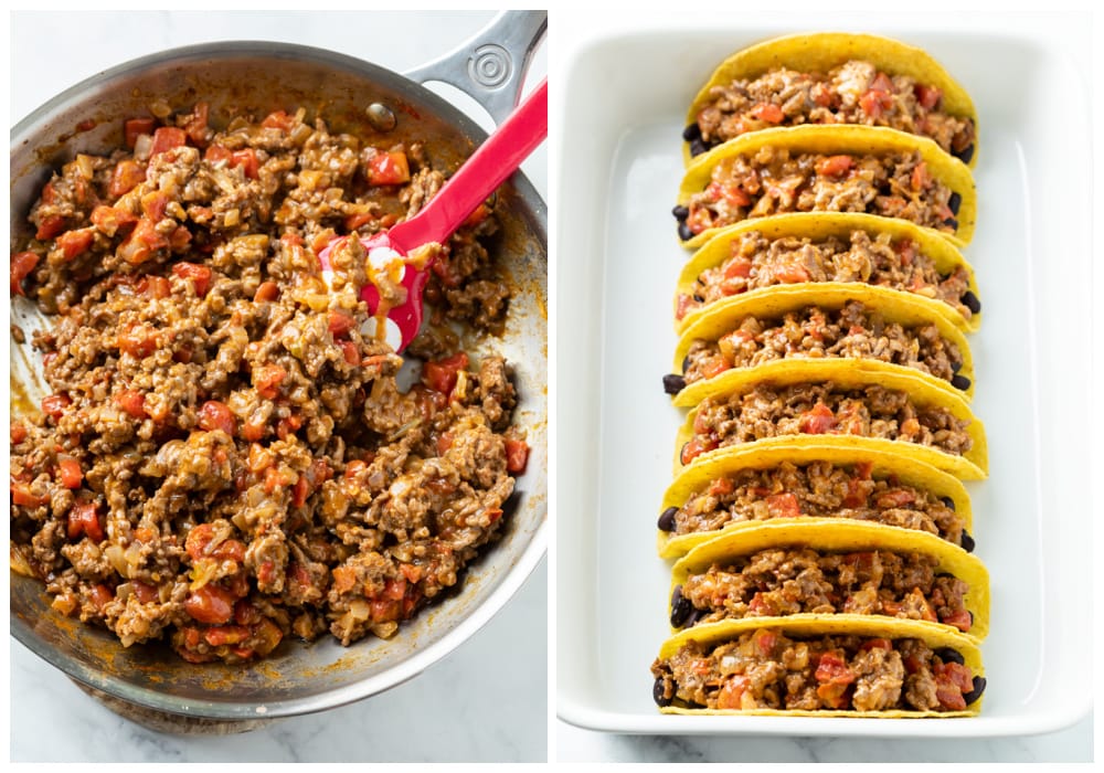 Cooking ground beef mixture and adding them to hard shell tacos in a casserole dish.