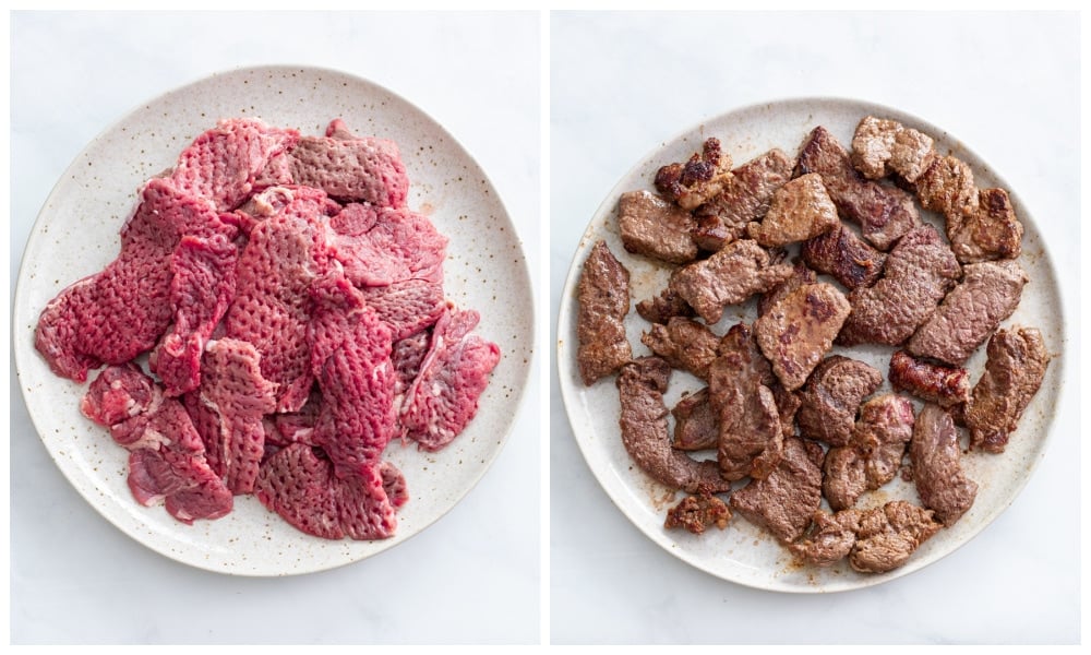 Beef on a plate before and after being seared.