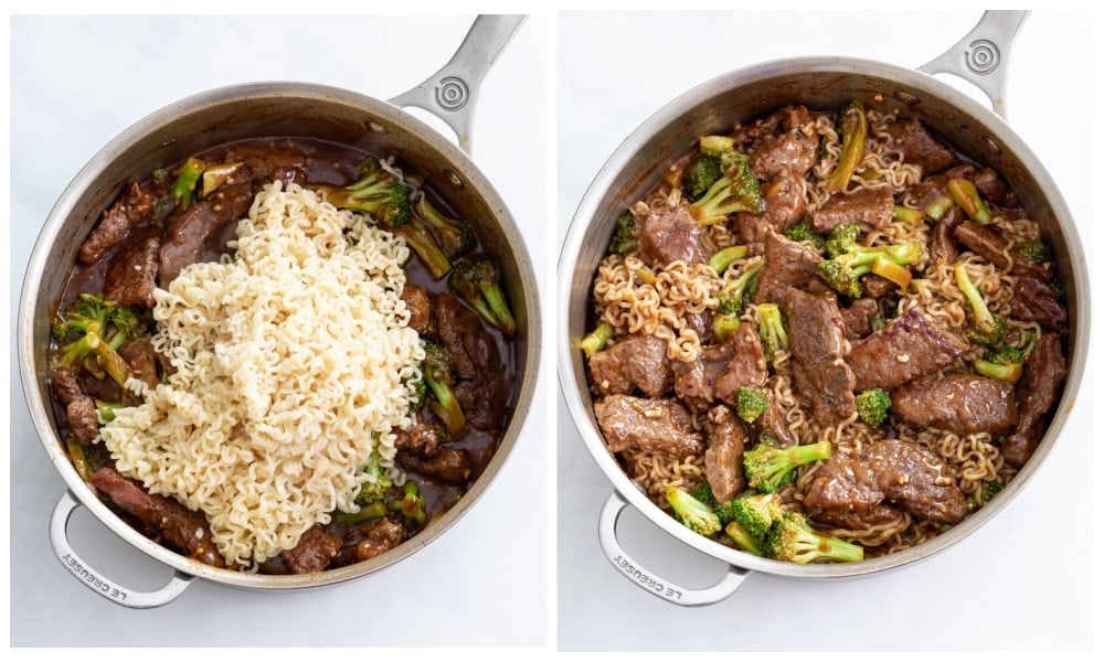 Adding Ramen Noodles to a skillet with beef and broccoli in a brown sauce.