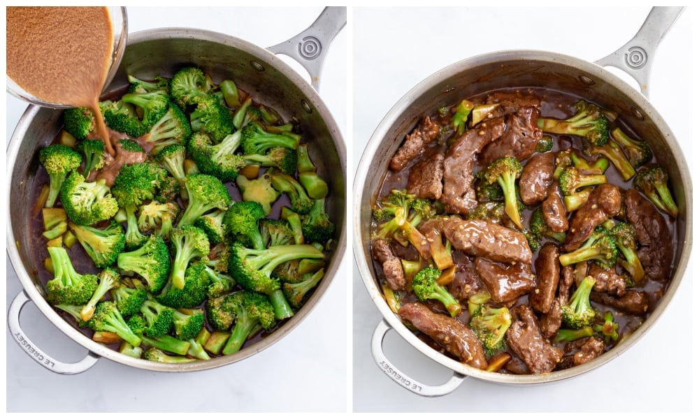 Sauce being added to a skillet of broccoli next to a skillet with beef and broccoli in a brown sauce.