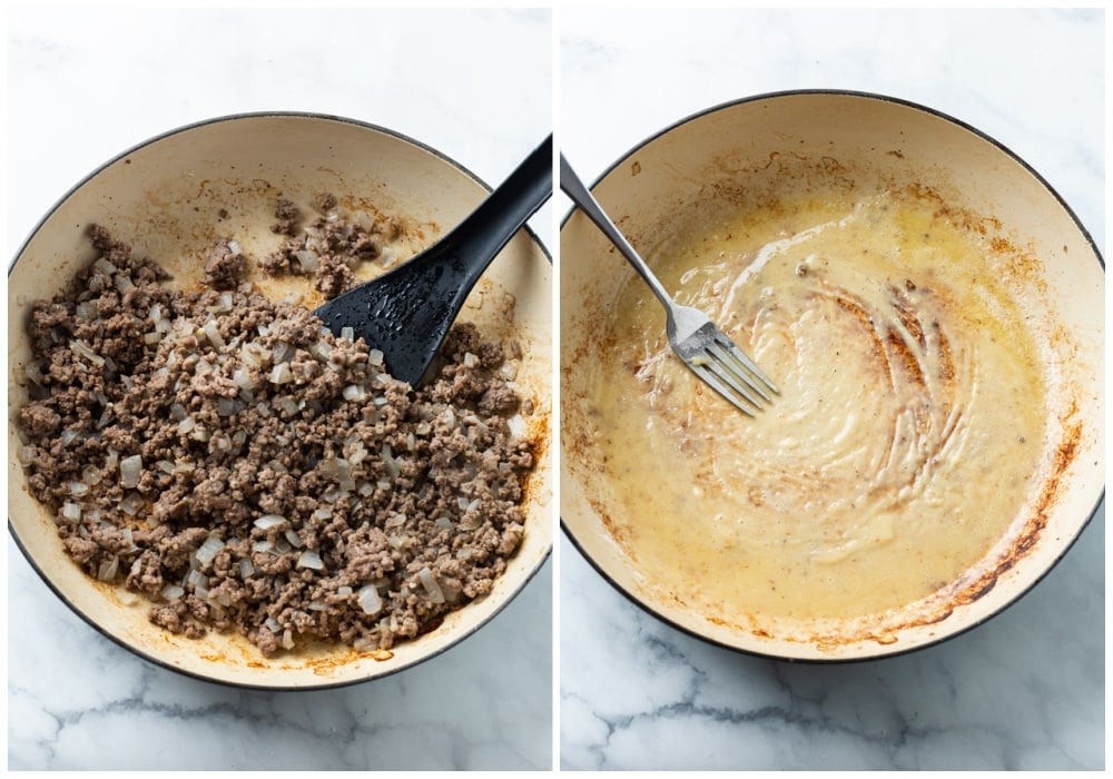 Cooked ground beef in a pot next to a pot of roux to make sauce.