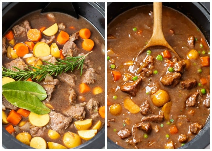 Slow Cooker Beef Stew before and after cooking.