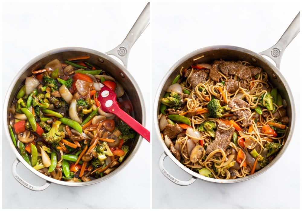 Beef Stir Fry before and after adding beef and noodles.