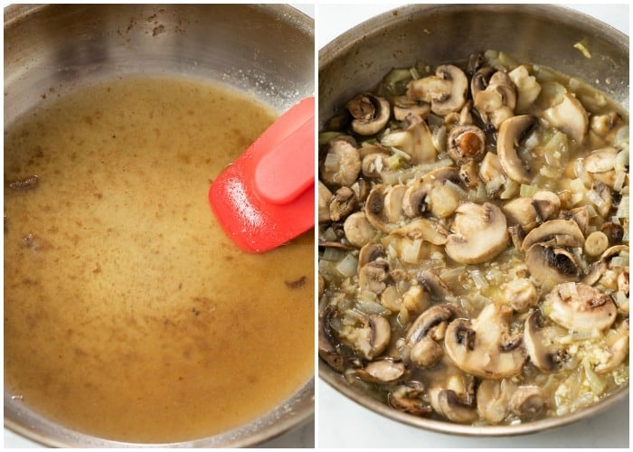 Deglazing a pan with white wine and cooking onions and mushrooms in it.