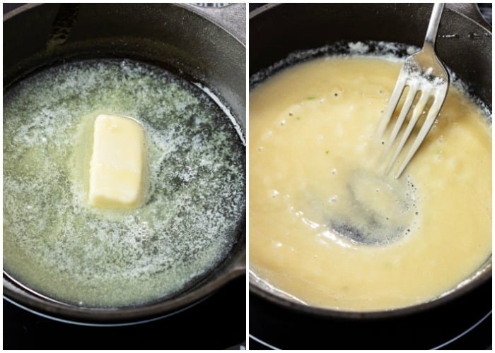 Roux being made in a skillet for Beer Cheese Dip.