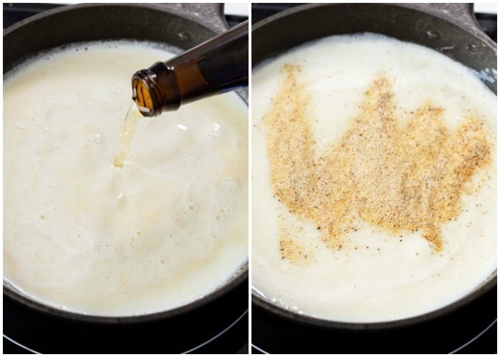 A skillet with beer and seasoning being added to make Beer Cheese Dip.