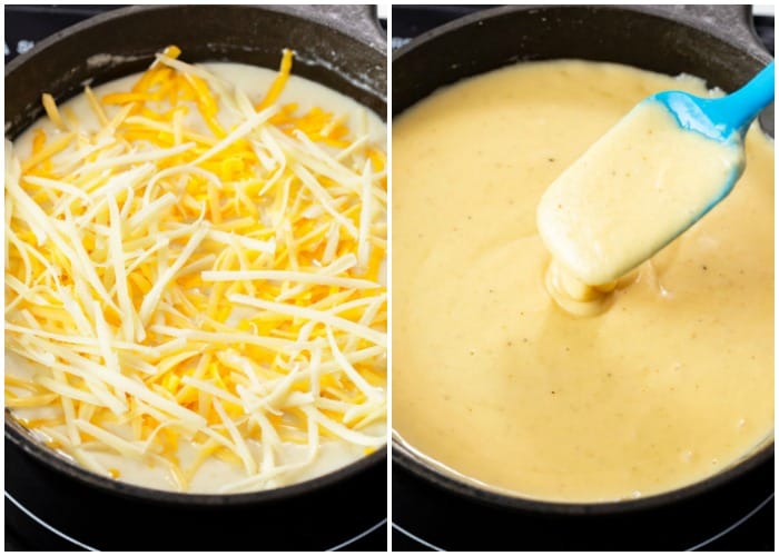 A skillet with cheese being melted in it