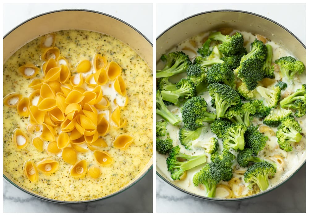 Adding shell pasta and broccoli to a pot of sauce to make broccoli pasta.