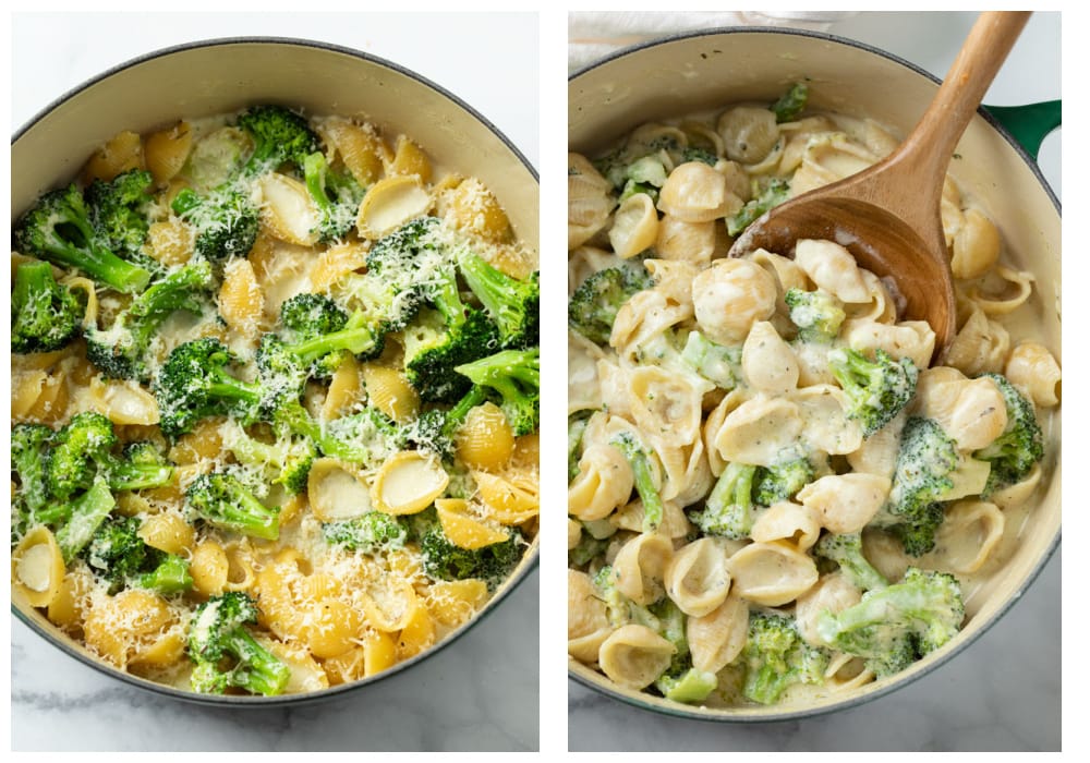 Adding cheese to pasta shells and stirring to combine to make creamy broccoli pasta.