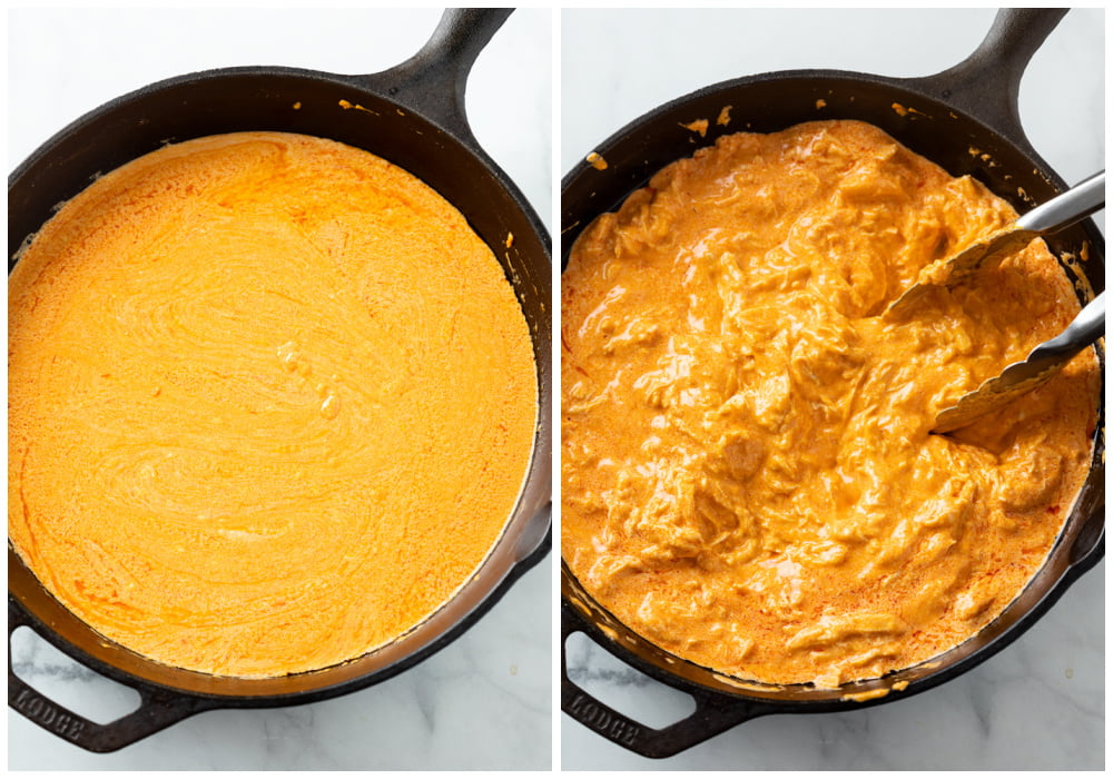 Making Buffalo Chicken Dip Sauce in a cast iron skillet and adding shredded chicken.