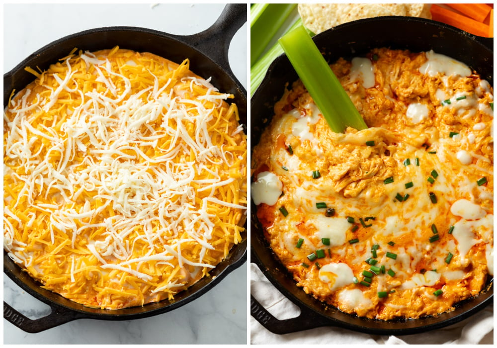 Buffalo Chicken Dip before and after baking.